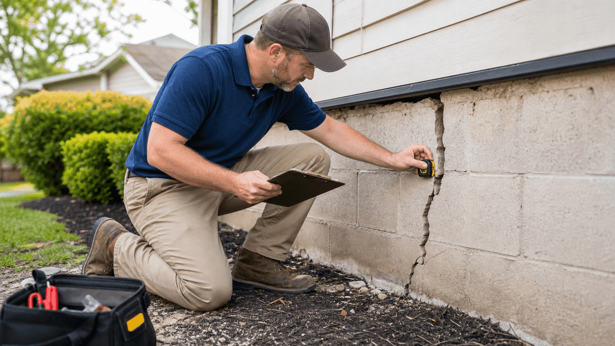 Foundation inspector reviewing a home foundation wall